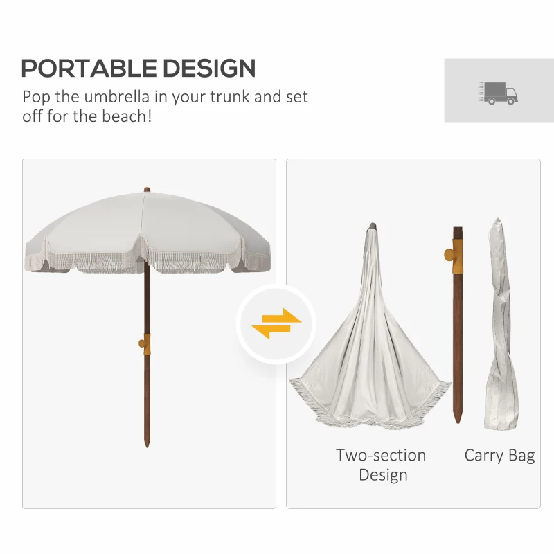 Outsunny 6.2' Beach Umbrella for Travel, Ruffles, Carry Bag, Portable Outdoor Umbrella for Garden, Light Grey