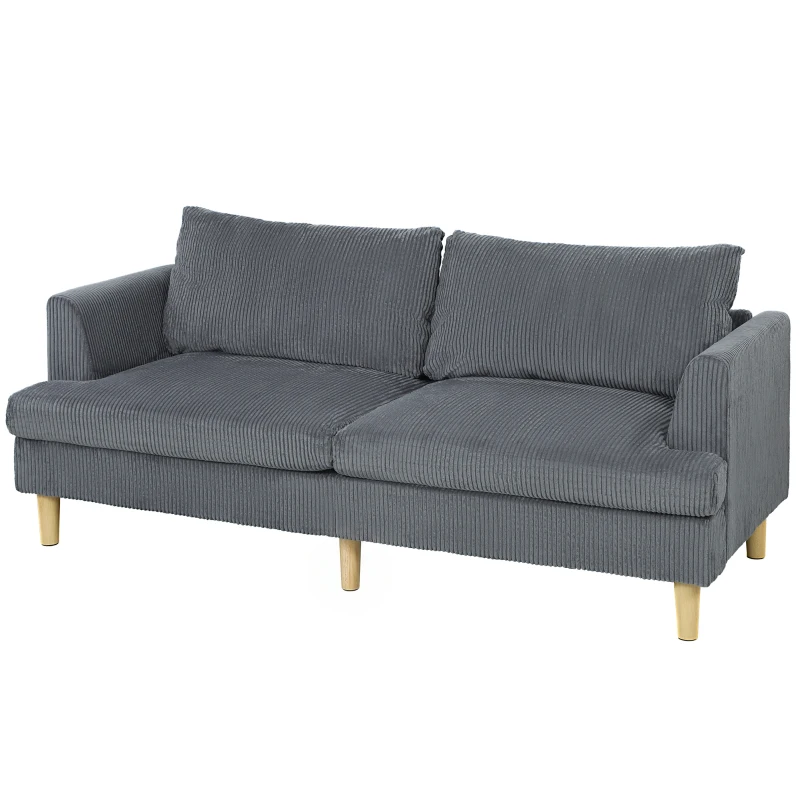 HOMCOM 3 Seater Sofa, 74" Modern Corduroy Upholstered Couch with Thick Spring Cushions, Solid Wood Legs, Armrests, Dark Grey