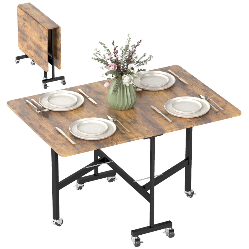 HOMCOM Six-Seater Drop-Leaf Dining Table with Wheels, Rustic Brown