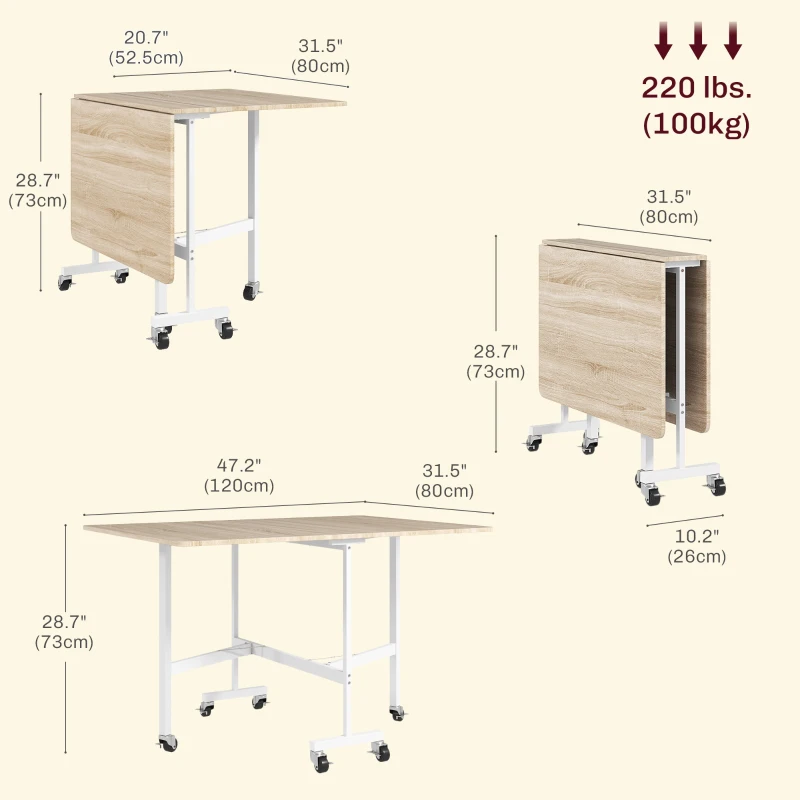 HOMCOM Six-Seater Drop-Leaf Dining Table with Wheels, Oak