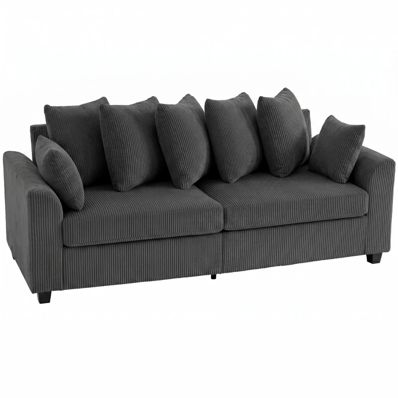 HOMCOM Corduroy Couch, 3 Seater Sofa, Modern Upholstered Couch with Curved Armrests and 8 Removable Pillows, Dark Grey