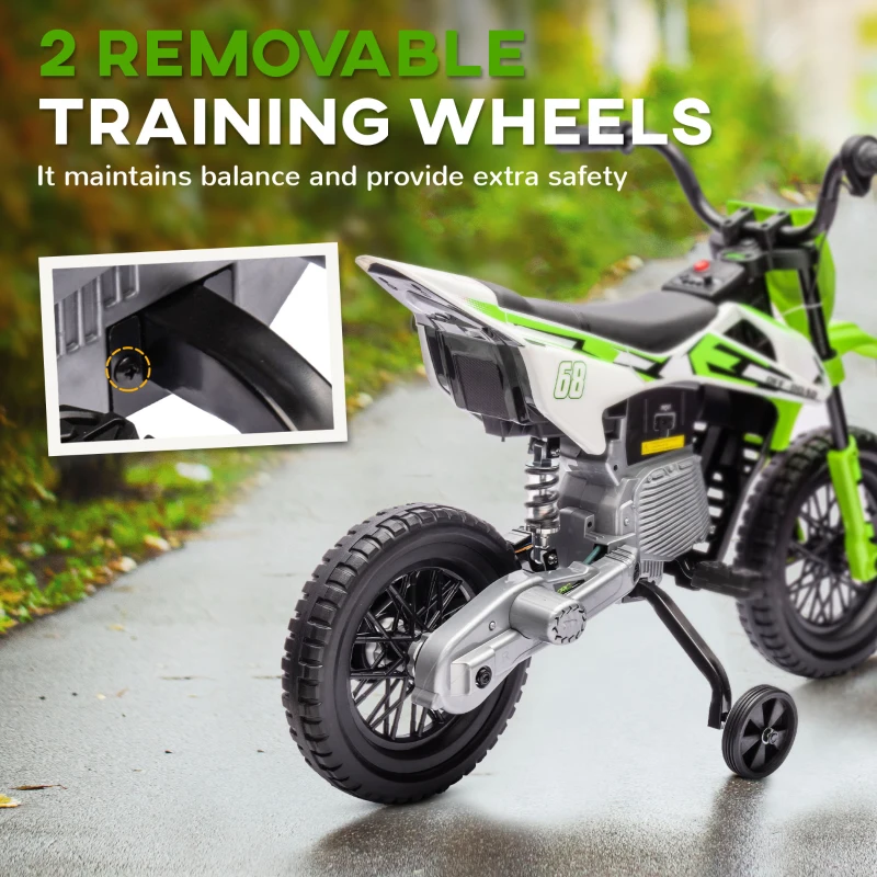 Qaba 12V Kids Dirt Bike, Electric Motorcycle with Twist Grip Throttle, Training Wheels, Rear Suspension & Music, Green