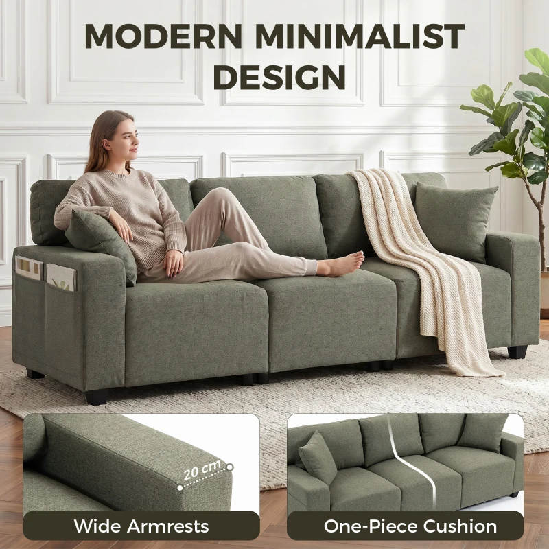 HOMCOM 3 Seater Sofa with Storage Pockets, Modern Upholstered Couch with Pocket Springs, Green