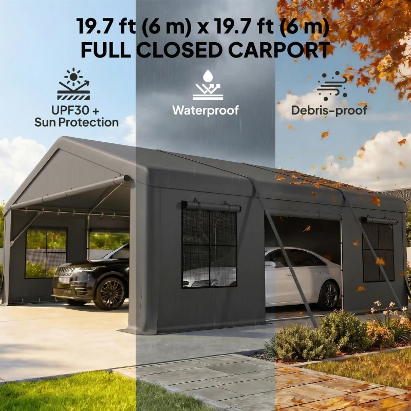 Outsunny 20' x 20' Heavy Duty Carport, Portable Garage Car Canopy Tent Shelter with 3 Roll-up Doors, 4 Windows, Dark Grey