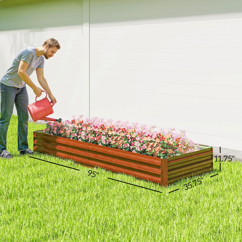 Outsunny 95" x 36" x 12" Galvanized Raised Garden Bed, Easy DIY and Cleaning for Growing Flowers, Herbs, Succulents, Natural Wood