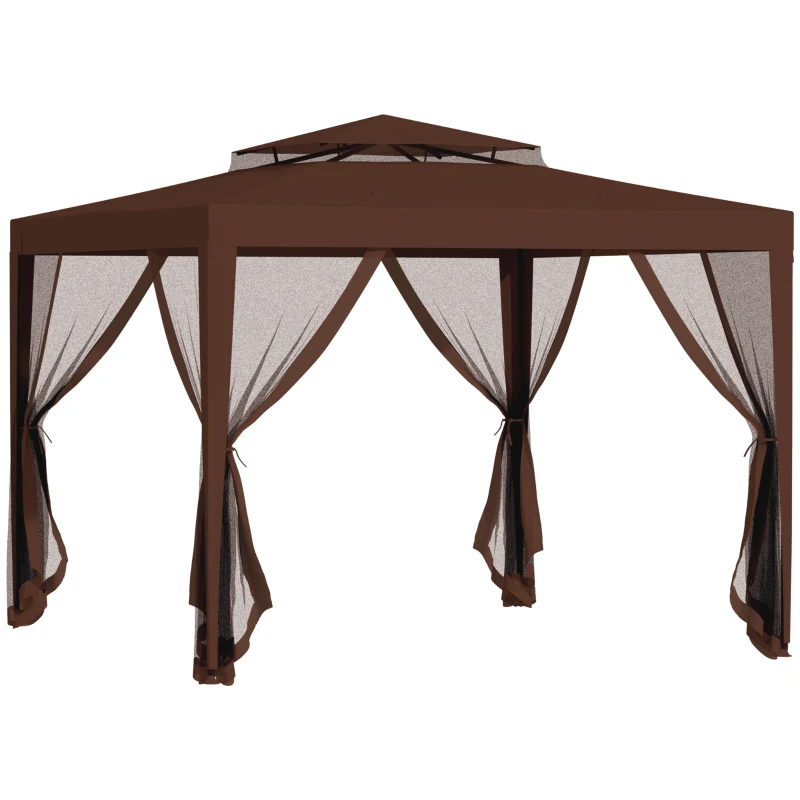 Outsunny 10' x 10' Outdoor Canopy Tent Party Tent with Mesh Netting and Double Tier Roof for Backyard, Garden, Patio, Brown