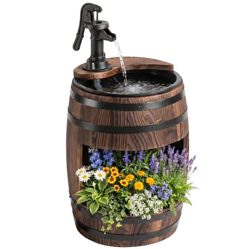 Outsunny 23" H Outdoor Water Fountain Wood and Plastic Rustic Apple Barrel Pump Garden Decor for Outside Backyard