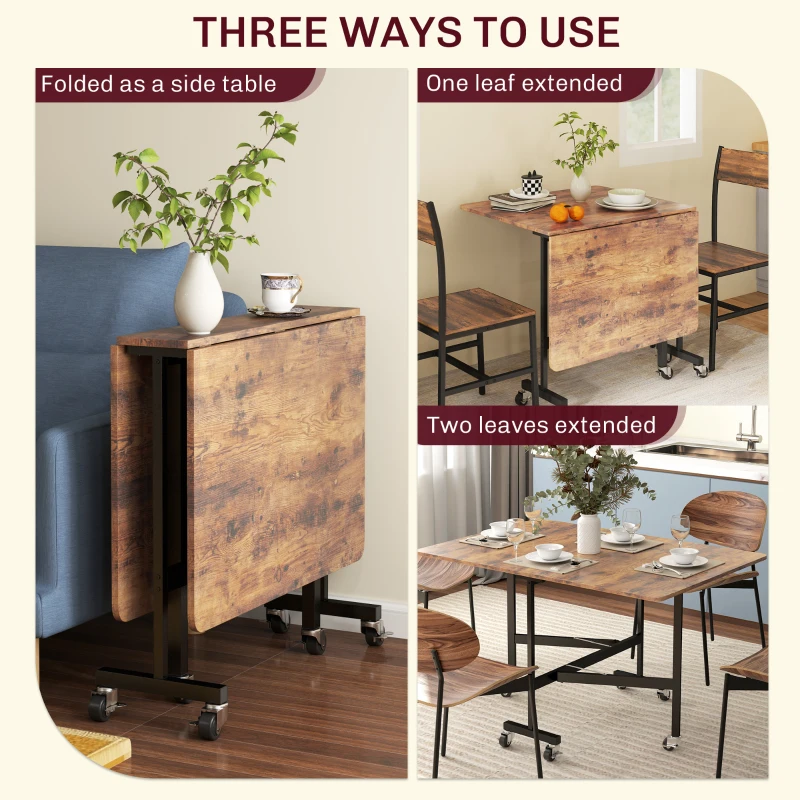 HOMCOM Six-Seater Drop-Leaf Dining Table with Wheels, Rustic Brown