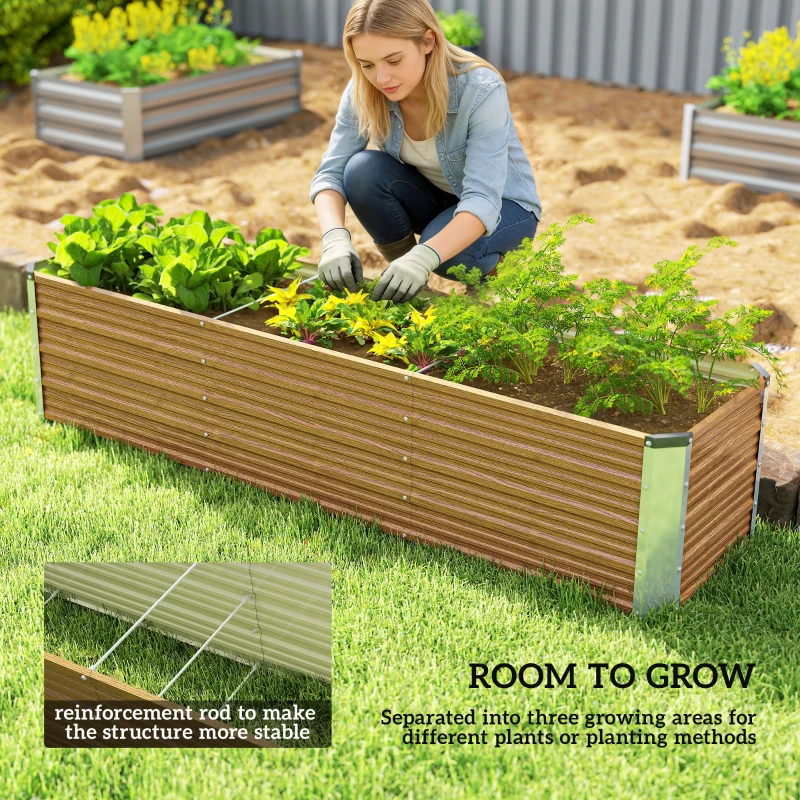 Outsunny 6' x 1.5' x 1.3' Galvanized Raised Garden Bed, Elevated Large Metal Planter Box w/ Install Gloves, Brown Wood Effect