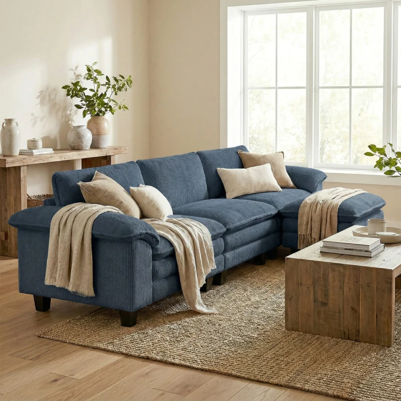 HOMCOM Sectional Sofa, L Shaped Couch with Deep Seat, Movable Ottoman and Pillow-top Armrests, Blue