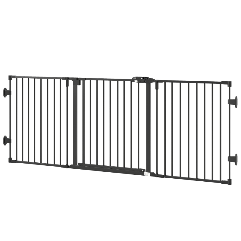 PawHut Foldable Dog Gate with Door, 3 Panel Metal Pet Gate for Stairs, Doorways and Fireplace, Auto-Close Safety Gate, Black