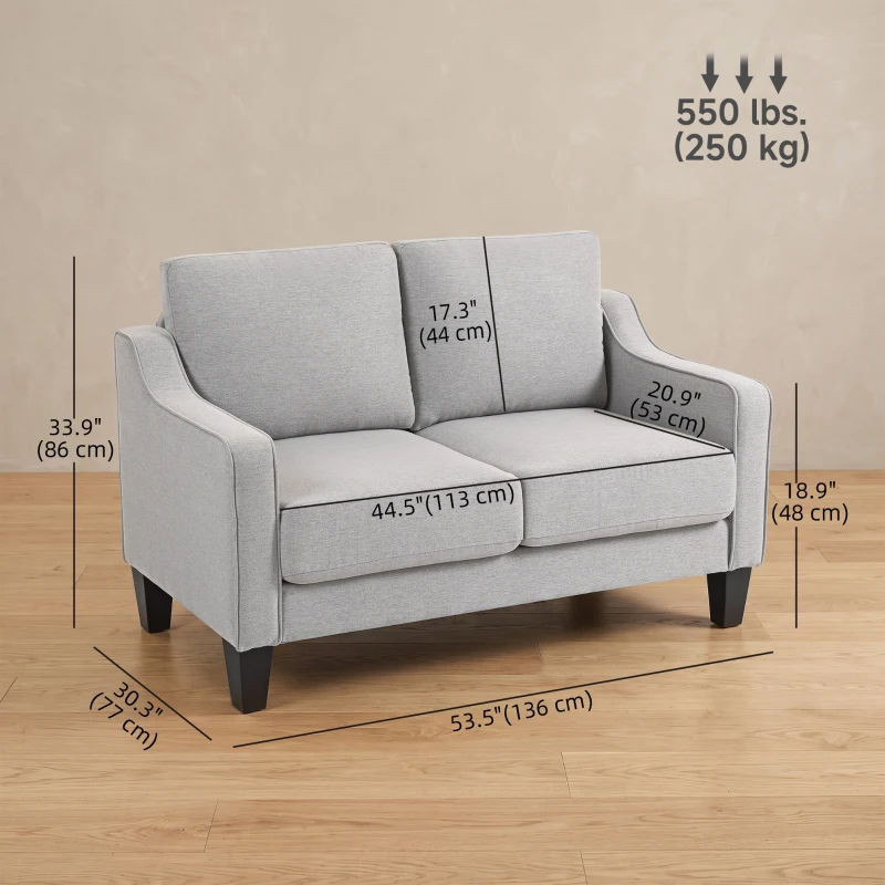 HOMCOM Loveseat Sofa, Modern Couch with Pocket Spring, Linen Upholstered, Thick Padded, Light Grey