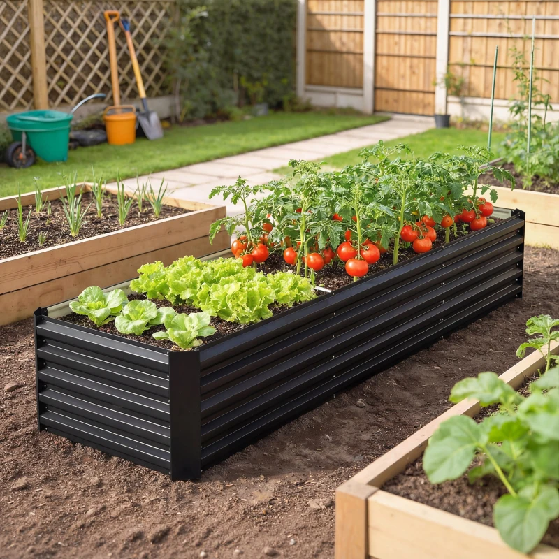 Outsunny 8 x 2.6 x 1.5ft Galvanized Raised Garden Bed, Reinforced Outdoor Planter Box with Open Bottom, Black