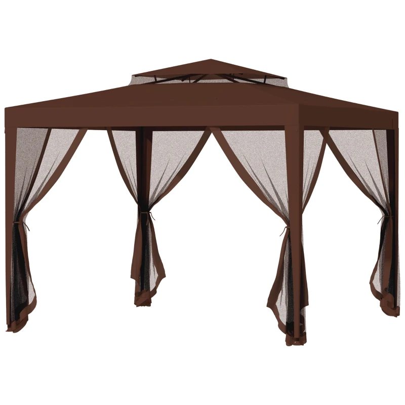 Outsunny 10' x 10' Outdoor Canopy Tent Party Tent with Mesh Netting and Double Tier Roof for Backyard, Garden, Patio, Brown
