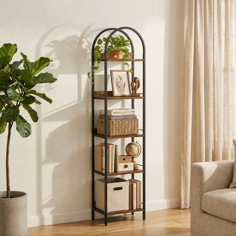 HOMCOM Bookshelf 5 Tier Arched Bookcase, 69.5" Tall Industrial Open Book Shelves with Metal Frame, Rustic Brown