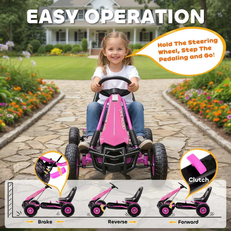 Qaba Kids Go Kart, Pedal Car with Adjustable Seat, EVA Wheels, Brake, for Boys & Girls Aged 3-8 Years Old, Pink