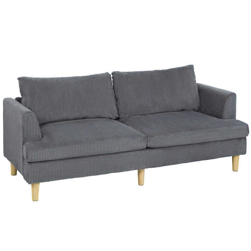 HOMCOM 3 Seater Sofa, 74" Modern Corduroy Upholstered Couch with Thick Spring Cushions, Solid Wood Legs, Armrests, Dark Grey