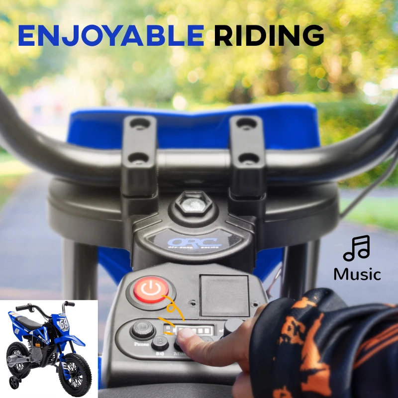 Qaba 12V Kids Dirt Bike, Electric Motorcycle with Twist Grip Throttle, Training Wheels, Rear Suspension & Music, Blue