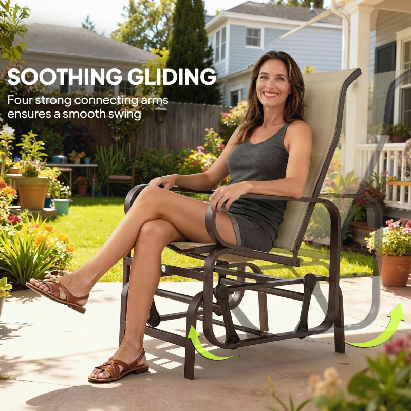 Outsunny Gliding Lounger Chair Set of 2, Single Rockers with Lightweight Metal & Mesh Construction, Khaki