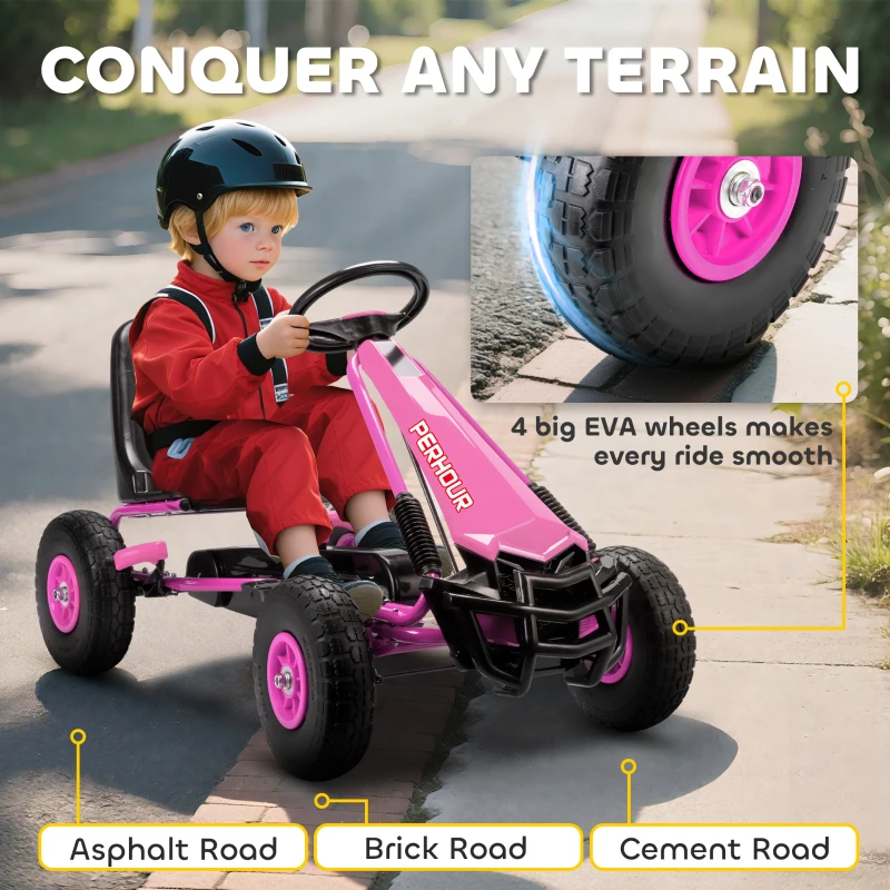 Qaba Kids Go Kart, Pedal Car with Adjustable Seat, EVA Wheels, Brake, for Boys & Girls Aged 3-8 Years Old, Pink