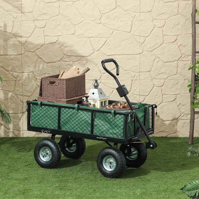 Outsunny Steel Garden Cart, Utility Wagon Cart with Removable Liner, Quick-Release Sides, 10" Wheels, 660lbs Capacity, Green