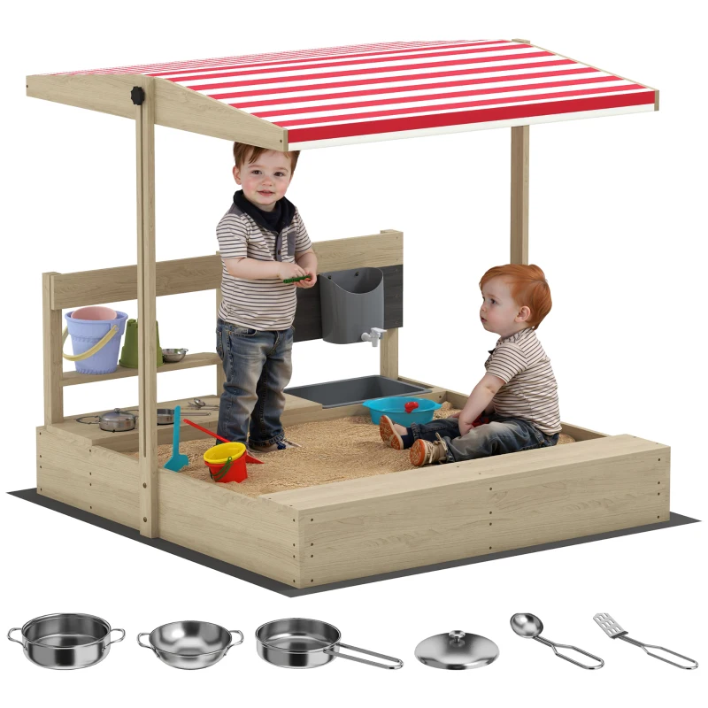 Outsunny Kids Sandbox with Cover Kitchen Playset Toys, Wooden Sand Box with Seat, Storage, for 3-7 Years Old, Natural Wood