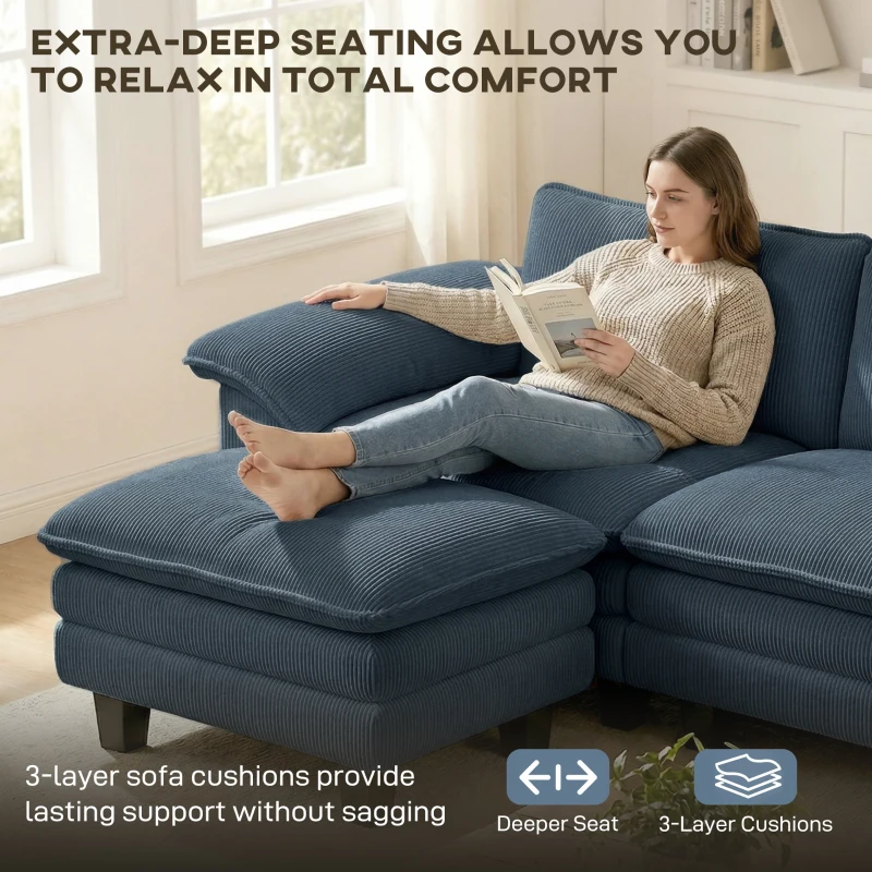 HOMCOM Sectional Sofa, L Shaped Couch with Deep Seat, Movable Ottoman and Pillow-top Armrests, Blue