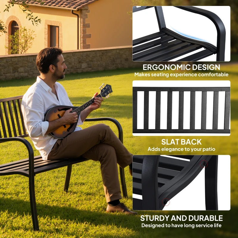 Outsunny Outdoor Bench, 50" Patio Garden Bench with Slatted Seat, Metal Bench for Backyard, Poolside, Lawn, Black