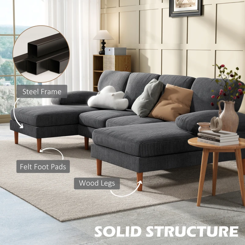 HOMCOM U Shape Couch with Double Chaise Lounge, Modern 4 Seater Sofa with Wooden Legs, Fabric Sofa for Living Room, Dark Grey