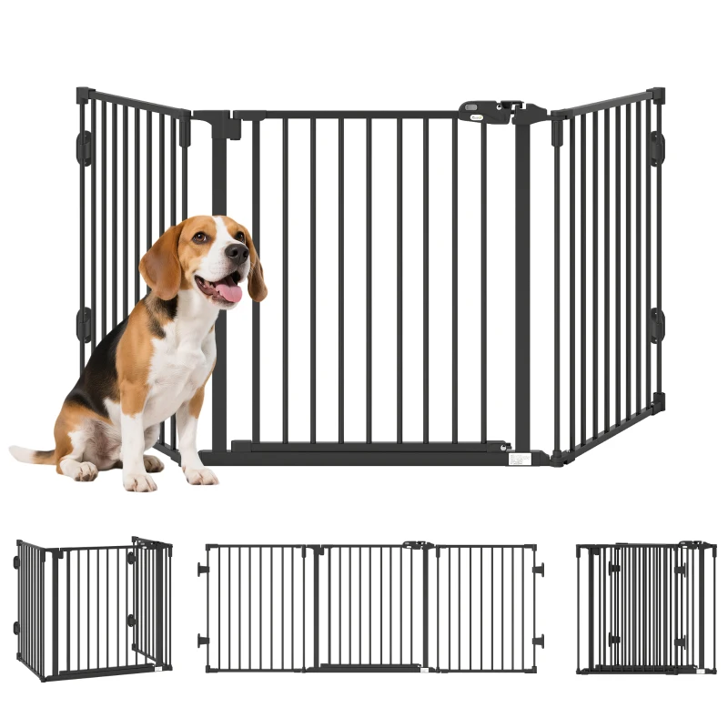 PawHut Foldable Dog Gate with Door, 3 Panel Metal Pet Gate for Stairs, Doorways and Fireplace, Auto-Close Safety Gate, Black