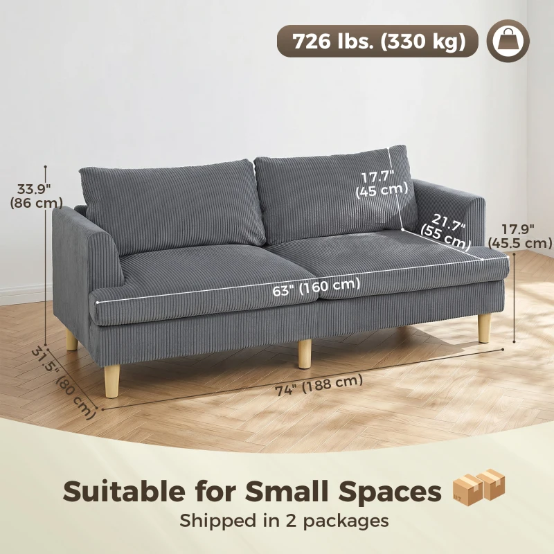 HOMCOM 3 Seater Sofa, 74" Modern Corduroy Upholstered Couch with Thick Spring Cushions, Solid Wood Legs, Armrests, Dark Grey