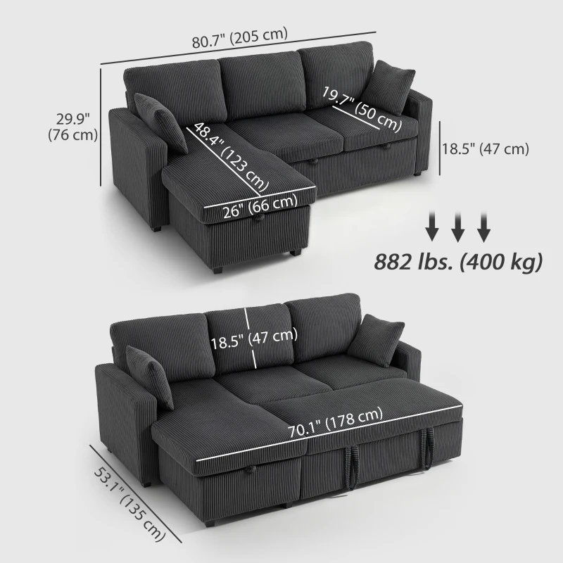 HOMCOM 81" Sofa Bed, 2 In 1 Pull Out Sleeper Sofa Bed with Storage, Corduroy Convertible Couch for Living Room, Dark Grey