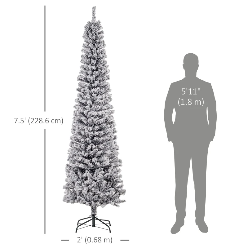 HOMCOM 7.5ft Flocked Christmas Tree, Pencil Christmas Tree with Realistic Branch Tips, Folding Metal Stand, Black