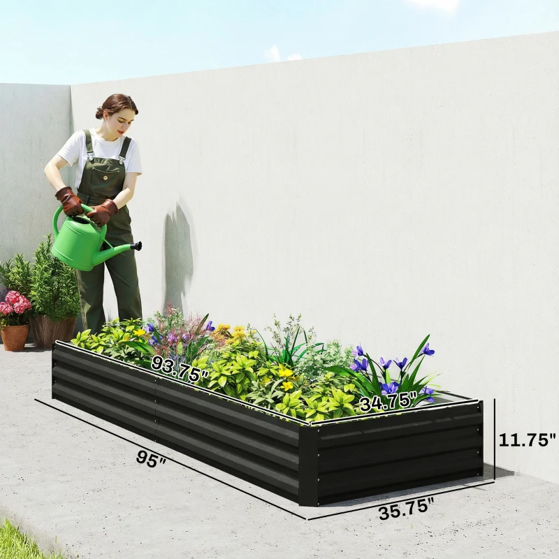 Outsunny 95" x 36" x 12" Galvanized Raised Garden Bed, Easy DIY and Cleaning for Growing Flowers, Herbs, Succulents, Black