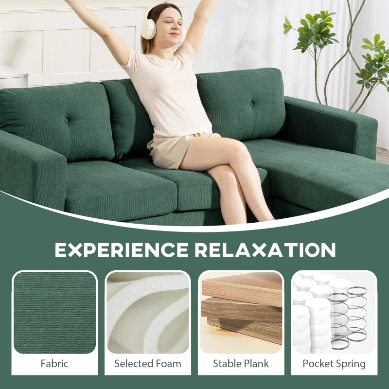 HOMCOM Sectional Sofa with Changeable Chaise Lounge, 3 Seat L-Shaped Sofa, Upholstered Couch for Small Space, Dark Green