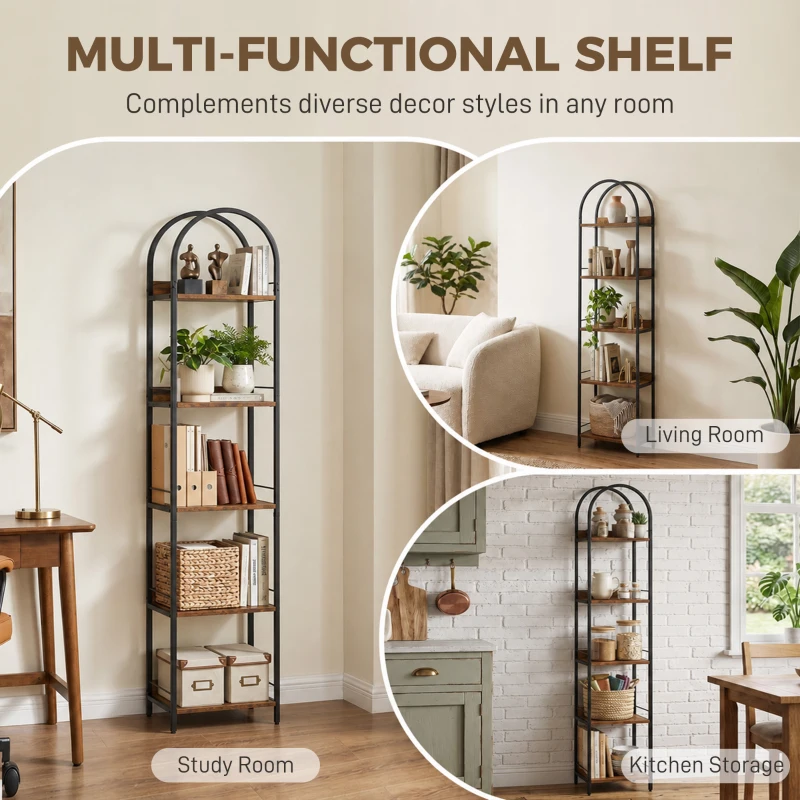 HOMCOM Bookshelf 5 Tier Arched Bookcase, 69.5" Tall Industrial Open Book Shelves with Metal Frame, Rustic Brown