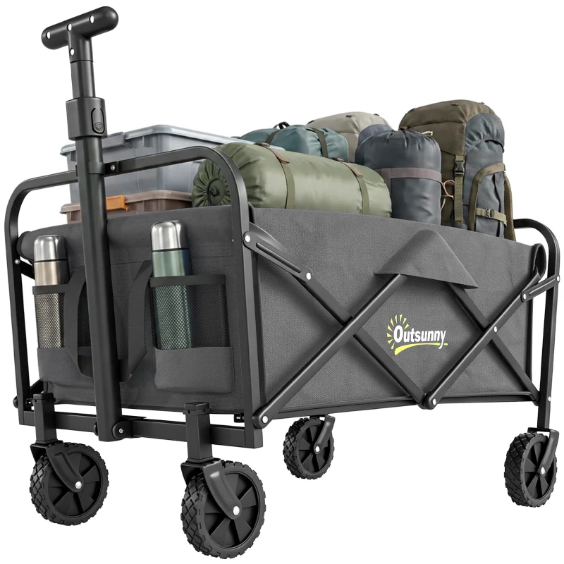 Outsunny Collapsible Folding Garden Cart, Heavy Duty Lawn Wagon with Universal Wheels and Adjustable Handle, Grey