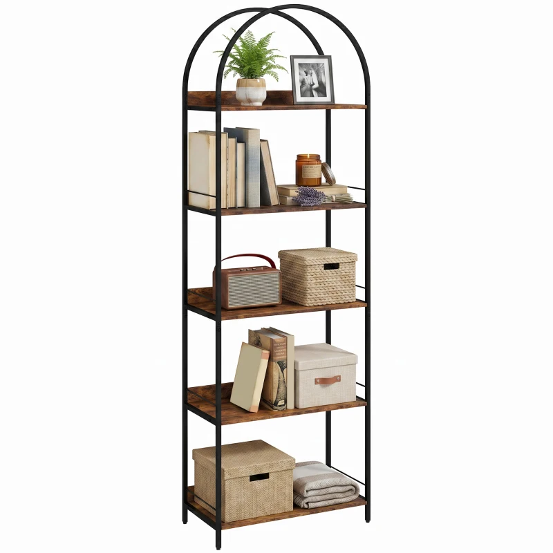 HOMCOM Bookshelf 5 Tier Arched Bookcase, 73.2" Tall Industrial Open Book Shelves with Metal Frame, Rustic Brown
