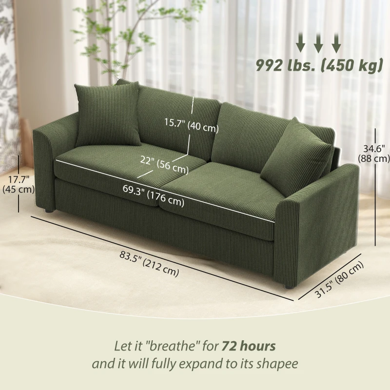 HOMCOM 3 Seater Sofa, 83.5" Modern Upholstered Couch with Pocket Spring and 2 Scatter Cushions for Living Room, Green