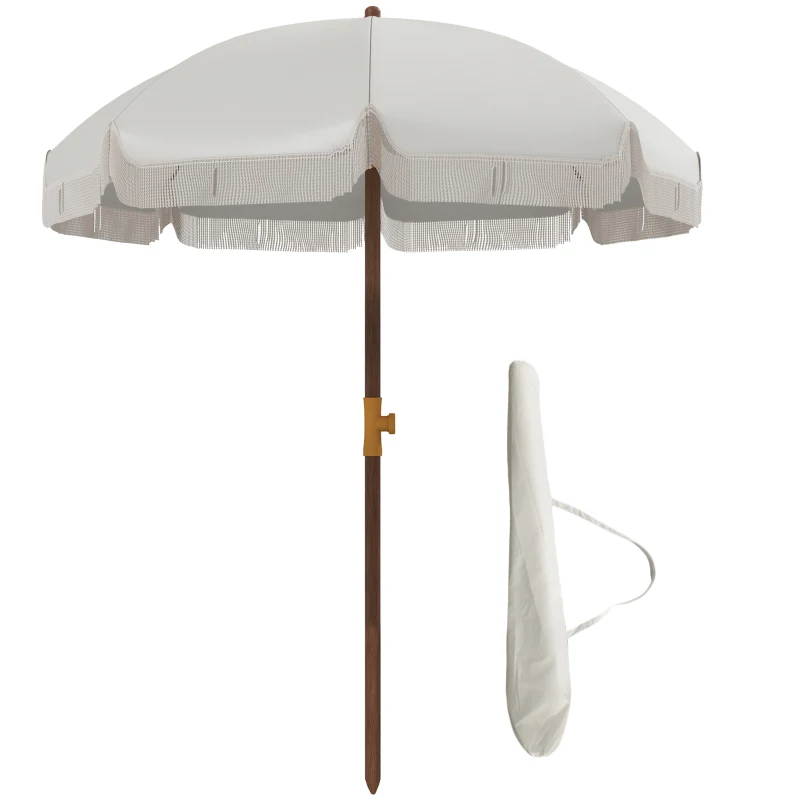 Outsunny 6.2' Beach Umbrella for Travel, Ruffles, Carry Bag, Portable Outdoor Umbrella for Garden, Light Grey
