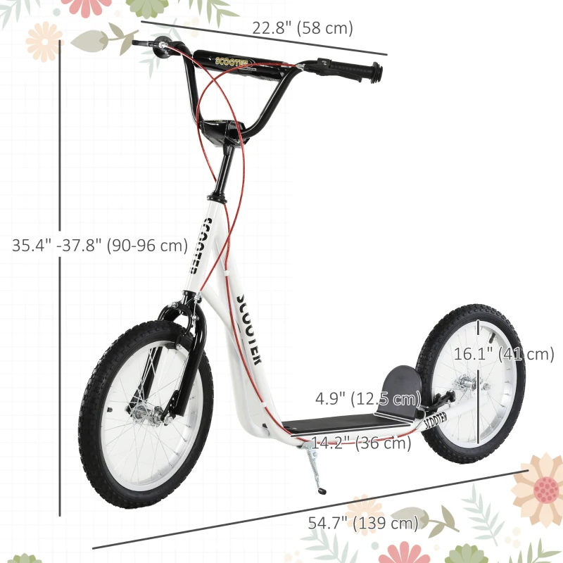 Aosom Kids Kick Scooter for 5+ Year Old, Kids Ride on Toy w/ 16'' Inflatable Wheel Dual Brakes, White