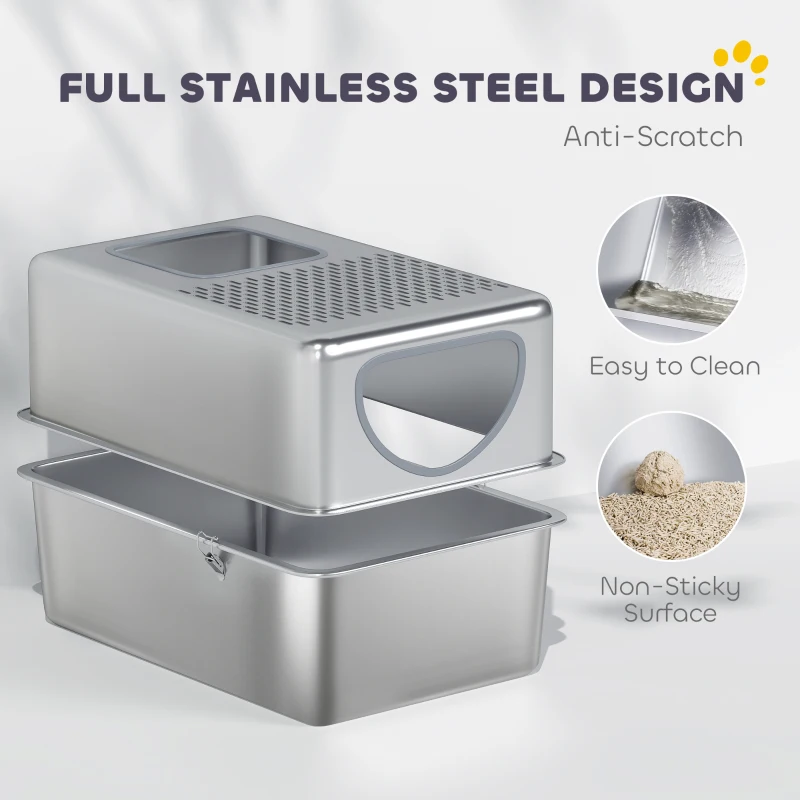 PawHut Stainless Steel Cat Litter Box with Lid, Extra Large Enclosed Litter Box with Top Litter-Catching Holes, Scoop, Silver