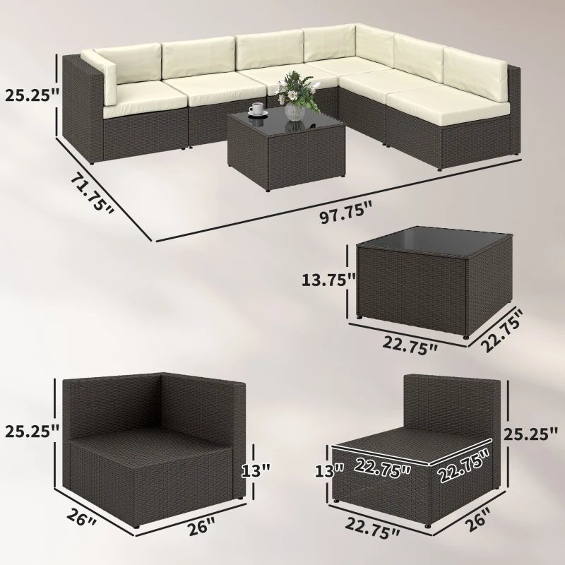 Outsunny 7 Piece Patio Furniture Set, All Weather PE Rattan Outdoor Furniture Conversation Sets with Glass Top Coffee Table