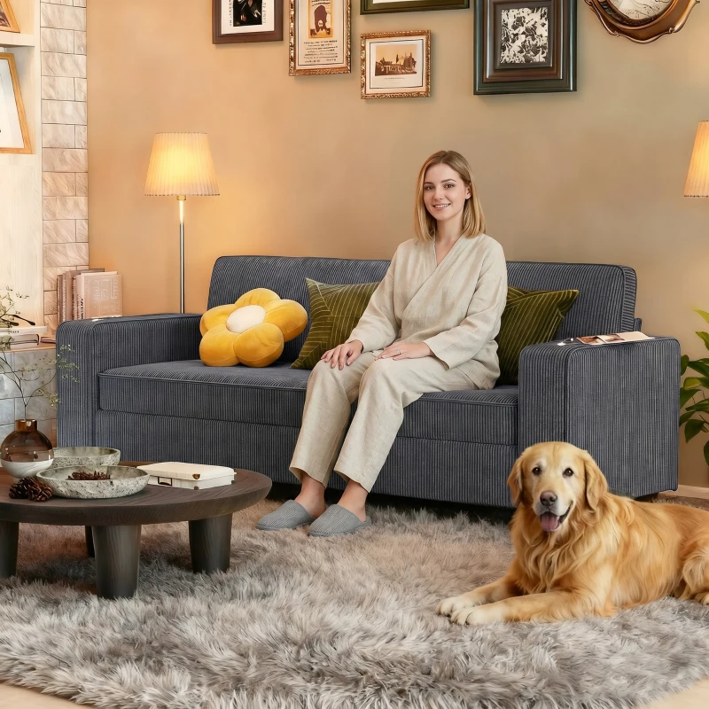 HOMCOM Three Seater Sofa, Fabric 3 Seater Couch with Spring Cushion and Cup Holders for Living Room, Bedroom, Dark Grey