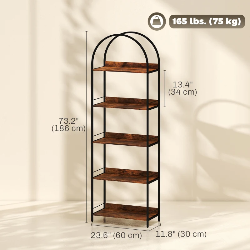 HOMCOM Bookshelf 5 Tier Arched Bookcase, 73.2" Tall Industrial Open Book Shelves with Metal Frame, Rustic Brown