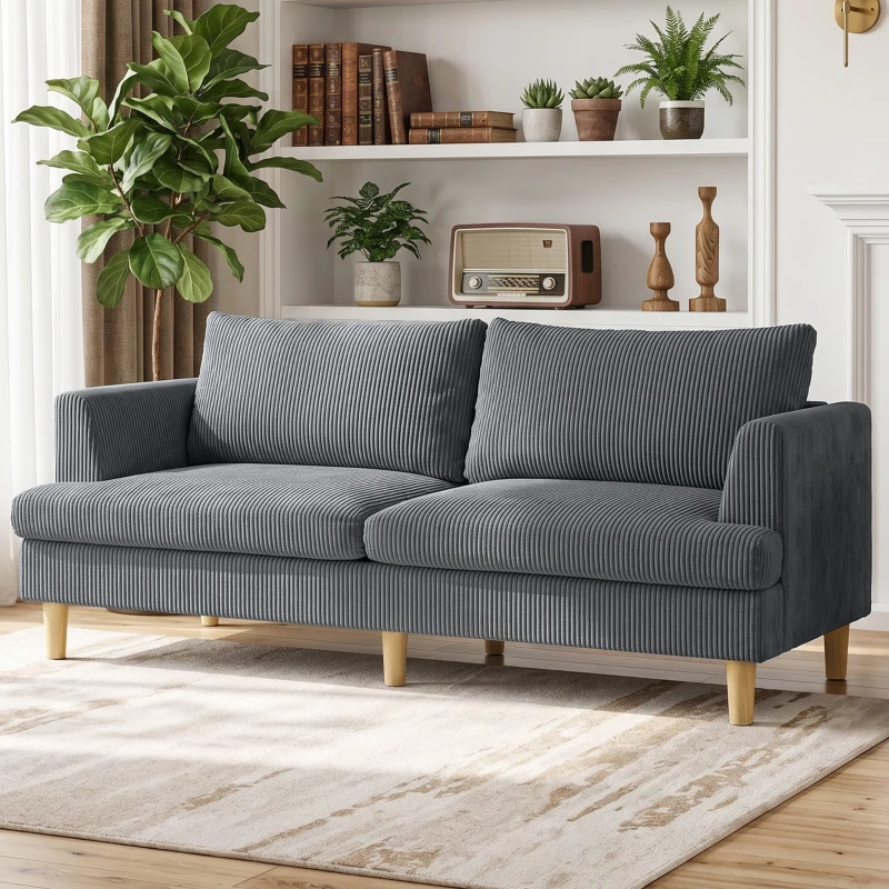 HOMCOM 3 Seater Sofa, 74" Modern Corduroy Upholstered Couch with Thick Spring Cushions, Solid Wood Legs, Armrests, Dark Grey