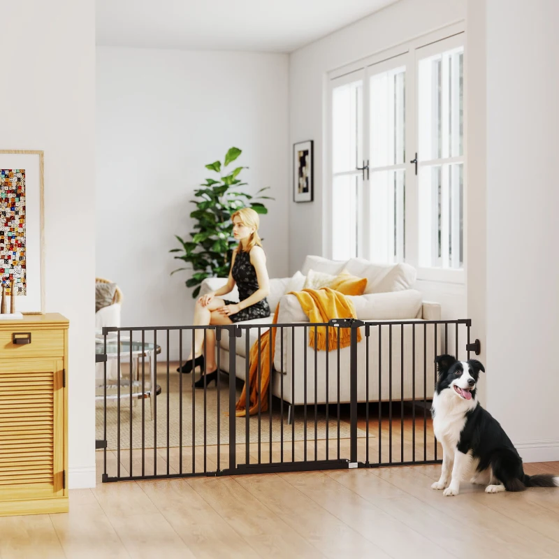 PawHut Foldable Dog Gate with Door, 3 Panel Metal Pet Gate for Stairs, Doorways and Fireplace, Auto-Close Safety Gate, Black