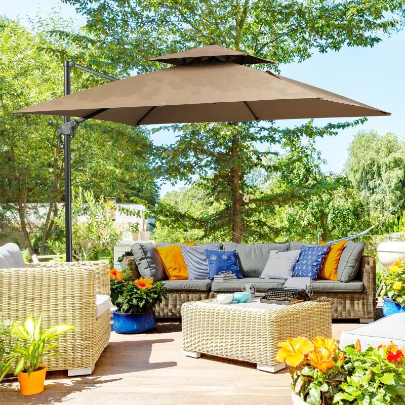 Outsunny 10ft Offset Patio Umbrella with Base, Hanging Aluminum Cantilever Umbrella with 360-degree Rotation, Coffee