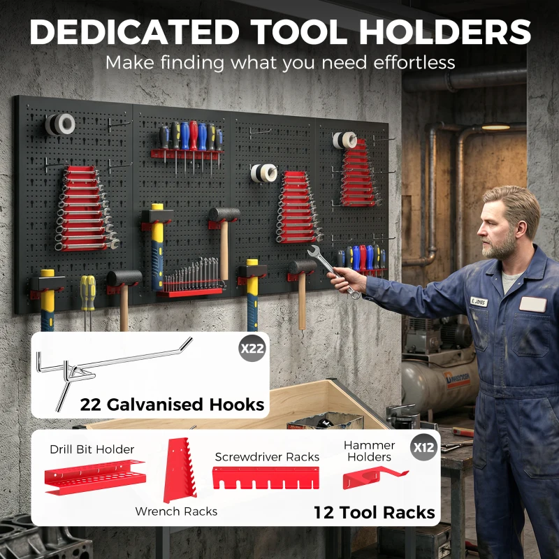 HOMCOM 38 Piece Metal Peg Board with Accessories, Shelf Tool Organizer, Black and Red