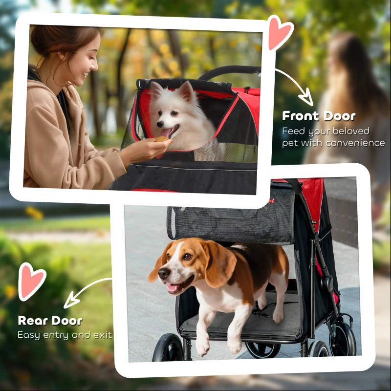PawHut Foldable Pet Stroller with Universal Front Wheels, Shock Absorber, Dog Cat Carriage for Large & Medium Dogs, Red